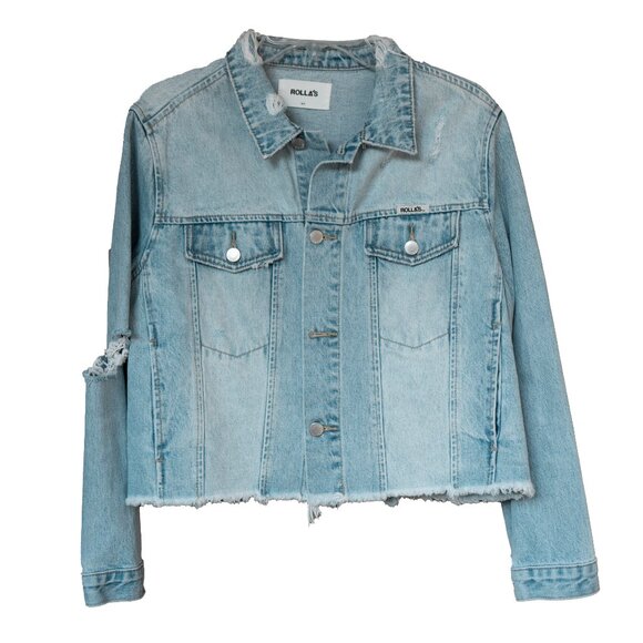 Rollas Denim Jacket Cropped Distressed Fray Hem Boxy Fit Destroyed Jean Coat - Picture 1 of 10